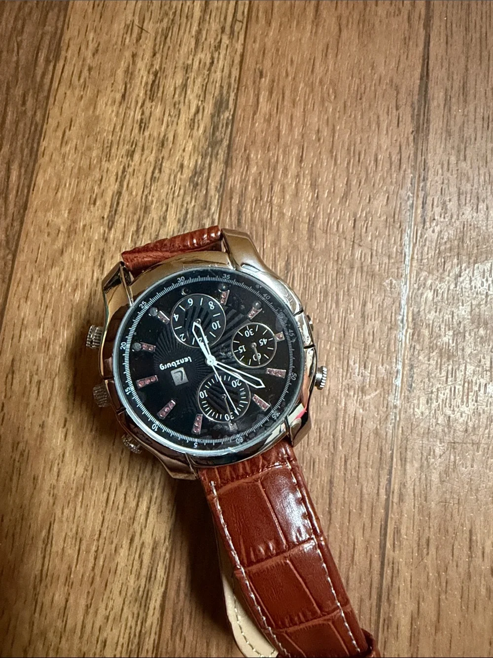 Men's Brown Leather Strap Watch with Black Dial